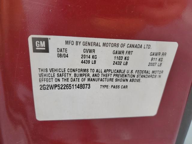 2G2WP522651148073 - 2005 PONTIAC GRAND PRIX 勃艮第红 照片 12