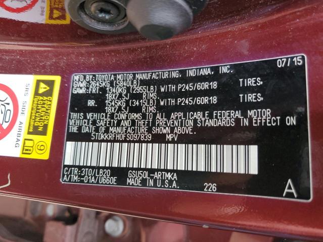 5TDKKRFH0FS097839 - 2015 TOYOTA HIGHLANDER XLE BURGUNDY photo 13