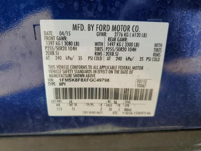 1FM5K8F8XFGC49798 - 2015 FORD EXPLORER LIMITED BLUE photo 13