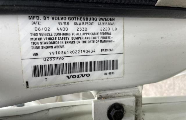 YV1RS61R022190434 - 2002 VOLVO S60 WHITE photo 10