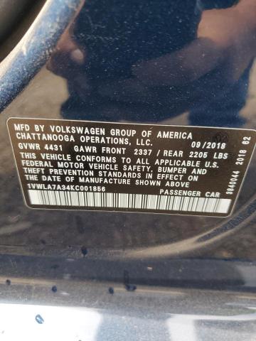 1VWLA7A34KC001856 - 2019 VOLKSWAGEN PASSAT WOLFSBURG BLUE photo 12