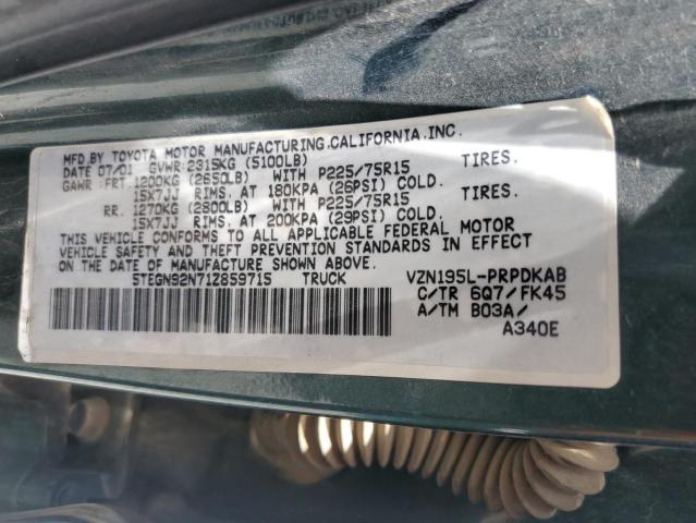 5TEGN92N71Z859715 - 2001 TOYOTA TACOMA DOUBLE CAB PRERUNNER GREEN photo 12