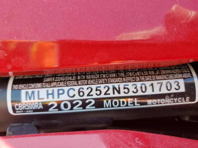 MLHPC6252N5301703 - 2022 HONDA CBR500 RA RED photo 10