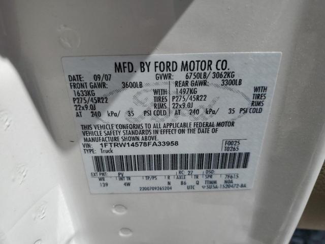 1FTRW14578FA33958 - 2008 FORD F150 SUPERCREW WHITE photo 12