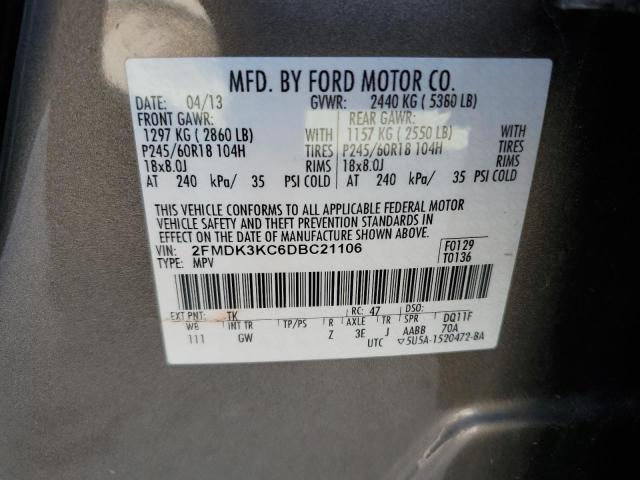 2FMDK3KC6DBC21106 - 2013 FORD EDGE LIMITED GRAY photo 13