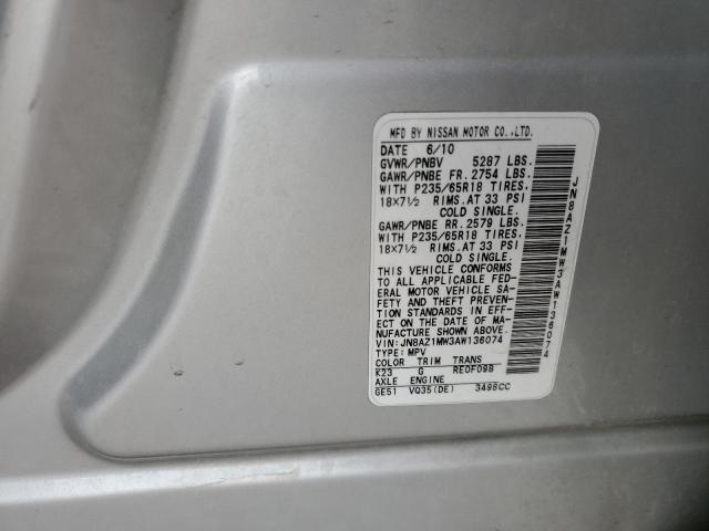 JN8AZ1MW3AW136074 - 2010 NISSAN MURANO S SILVER photo 12