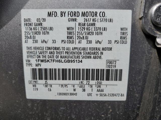 1FMSK7FH6LGB95134 - 2020 FORD EXPLORER LIMITED SILVER photo 13