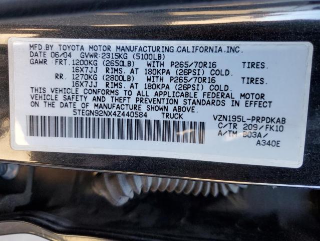 5TEGN92NX4Z440584 - 2004 TOYOTA TACOMA DOUBLE CAB PRERUNNER BLACK photo 12
