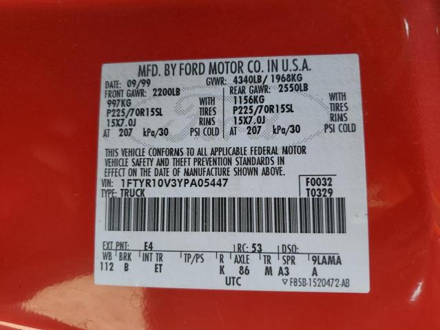 1FTYR10V3YPA05447 - 2000 FORD RANGER RED photo 12