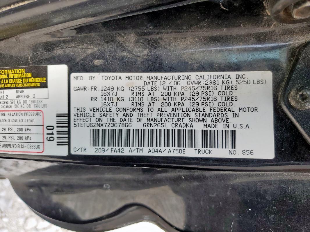 5TETU62NX7Z367866 - 2007 TOYOTA TACOMA PRERUNNER ACCESS CAB BLACK photo 12