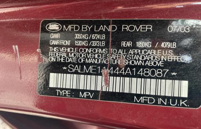 SALME11444A148087 - 2004 LAND ROVER RANGE ROVE HSE BURGUNDY photo 10