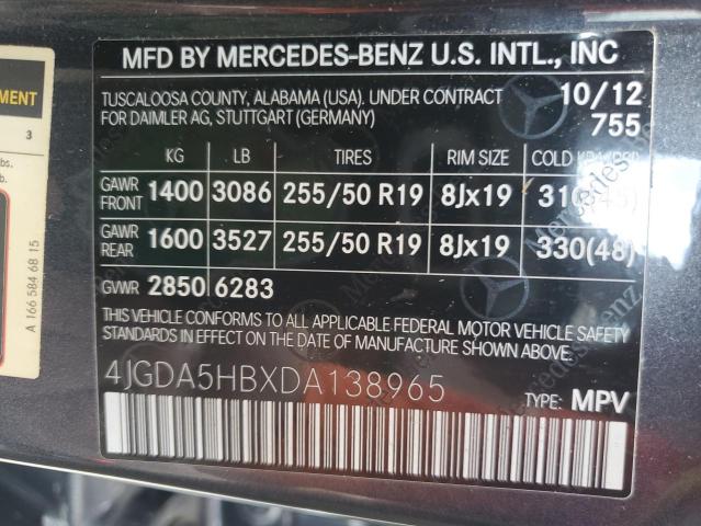 4JGDA5HBXDA138965 - 2013 MERCEDES-BENZ ML 350 4MATIC GRAY photo 13