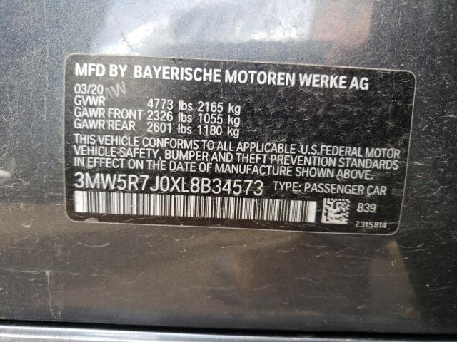 3MW5R7J0XL8B34573 - 2020 BMW 330XI GRAY photo 12