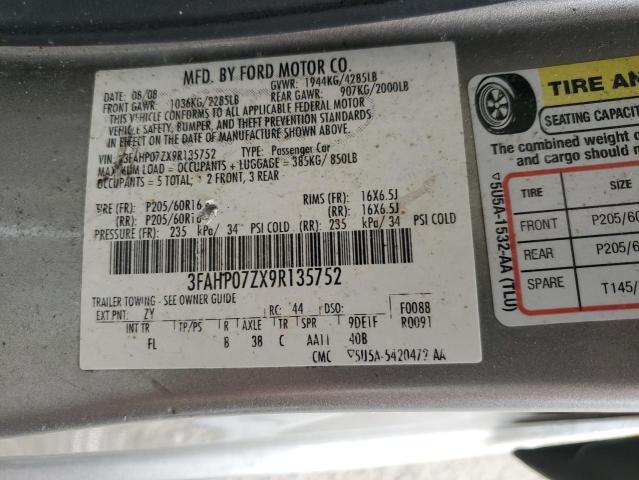 3FAHP07ZX9R135752 - 2009 FORD FUSION SE SILVER photo 12