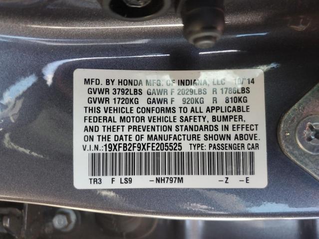 19XFB2F9XFE205525 - 2015 HONDA CIVIC EXL ნაცრისფერი ფოტო 12