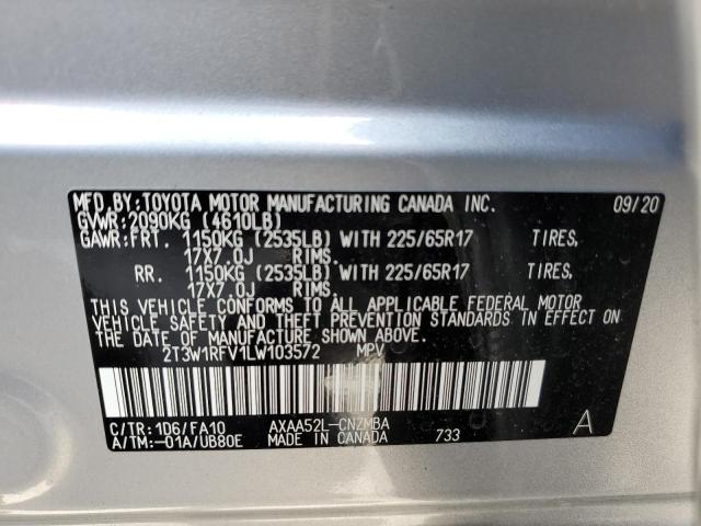 2T3W1RFV1LW103572 - 2020 TOYOTA RAV4 XLE SILVER photo 14