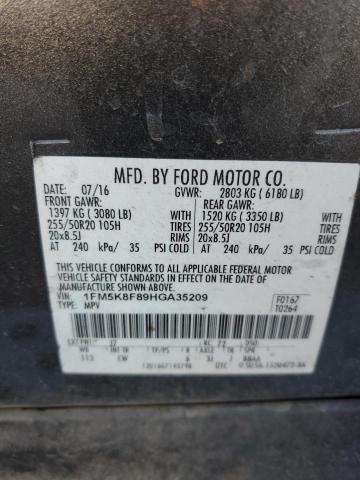 1FM5K8F89HGA35209 - 2017 FORD EXPLORER LIMITED GRAY photo 12