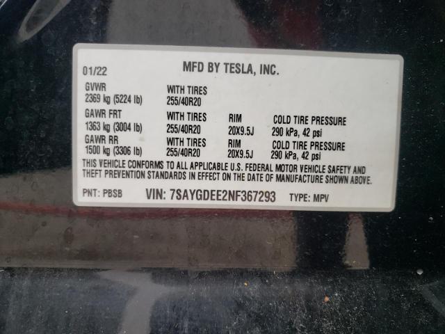 7SAYGDEE2NF367293 - 2022 TESLA MODEL Y Чорний фото 14