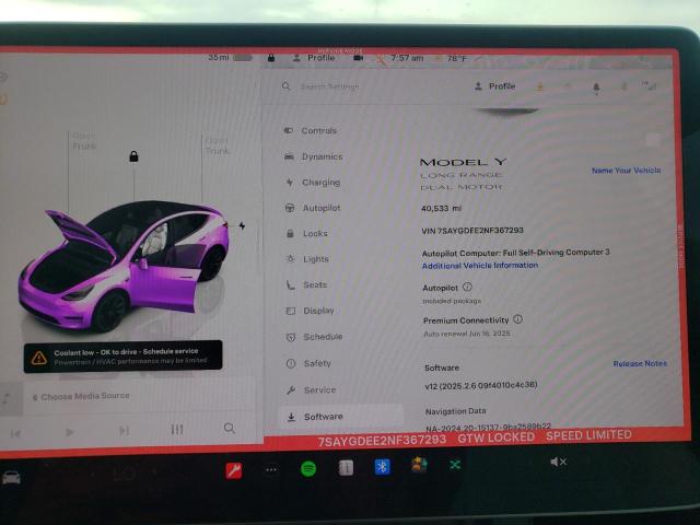 7SAYGDEE2NF367293 - 2022 TESLA MODEL Y Чорний фото 9