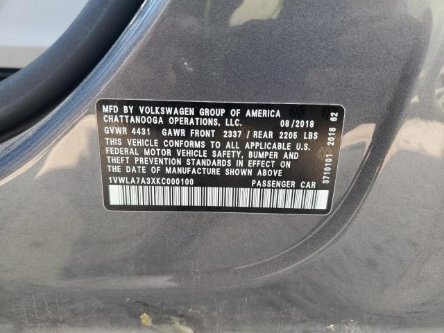 1VWLA7A3XKC000100 - 2019 VOLKSWAGEN PASSAT WOLFSBURG GRAY photo 13