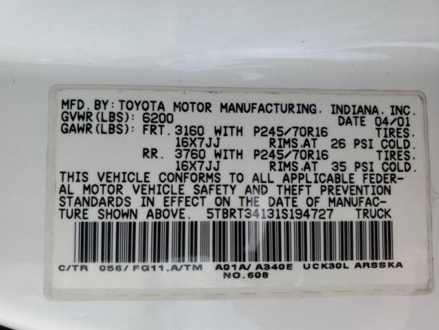 5TBRT34131S194727 - 2001 TOYOTA TUNDRA ACCESS CAB 白色 照片 12