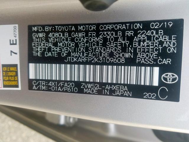 JTDKARFP2K3109608 - 2019 TOYOTA PRIUS PRIME  photo 10