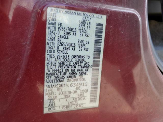 5N1AR18U17C634915 - 2007 NISSAN PATHFINDER LE 勃艮第红 照片 13
