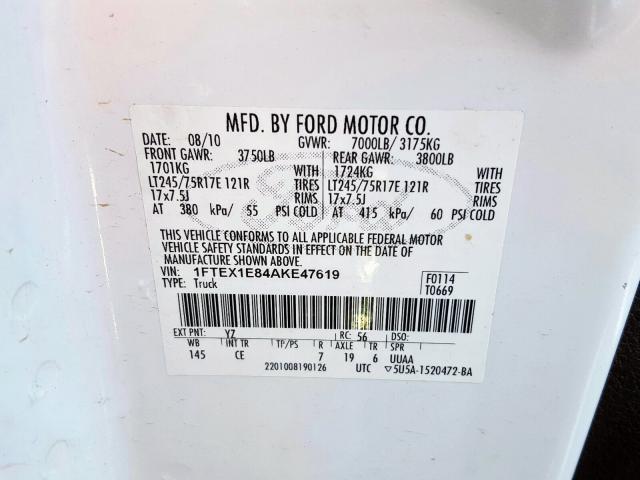 1FTEX1E84AKE47619 - 2010 FORD F150 SUPER CAB  photo 10