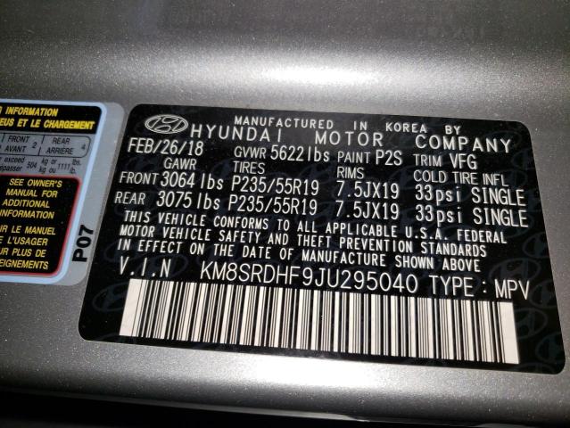 KM8SRDHF9JU295040 - 2018 HYUNDAI SANTA FE SE ULTIMATE SILVER photo 13