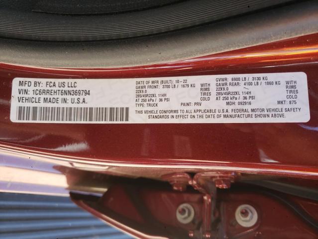 1C6RREHT6NN369794 - 2022 RAM 1500 LIMITED MAROON photo 12