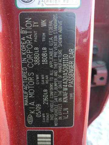 KNAFW4A30A5081110 - 2010 KIA FORTE SX RED photo 12