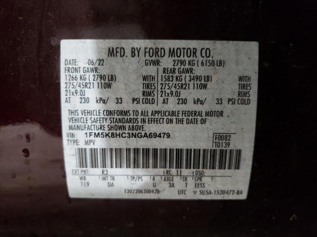 1FM5K8HC3NGA69479 - 2022 FORD EXPLORER PLATINUM BURGUNDY photo 13