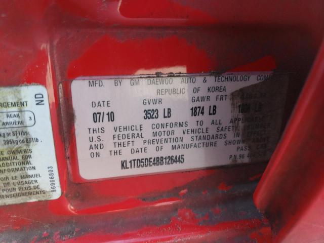 KL1TD5DE4BB126445 - 2011 CHEVROLET AVEO LS 红色 照片 12