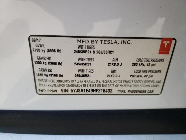 5YJSA1E49HF216403 - 2017 TESLA MODEL S Білий фото 12