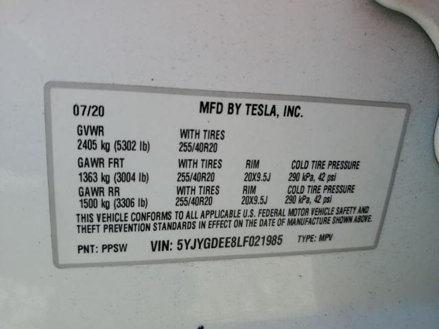 5YJYGDEE8LF021985 - 2020 TESLA MODEL Y أبيض صورة 12