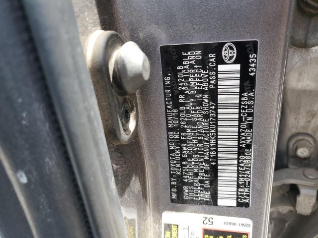 4T1B11HK5KU173747 - 2019 TOYOTA CAMRY L GRAY photo 12