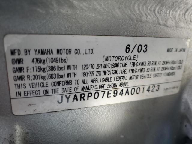 JYARP07E94A001423 - 2004 YAMAHA FJR1300 SILVER photo 10