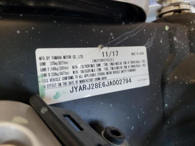 JYARJ28E6JA002794 - 2018 YAMAHA YZFR6 SILVER photo 10