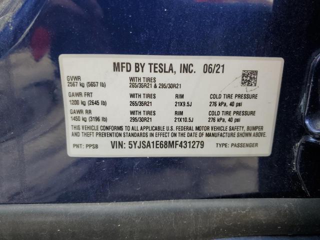 5YJSA1E68MF431279 - 2021 TESLA MODEL S Mavi foto 12