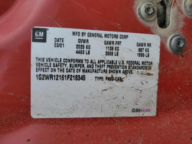 1G2WR12161F218345 - 2001 PONTIAC GRAND PRIX GTP წითელი ფოტო 12