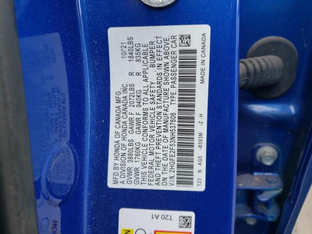 2HGFE2F53NH537606 - 2022 HONDA CIVIC SPORT 蓝色 照片 12