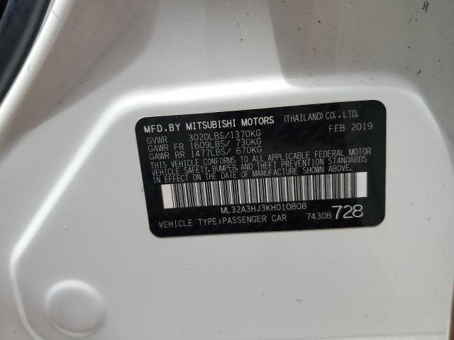 ML32A3HJ3KH010808 - 2019 MITSUBISHI MIRAGE ES WHITE photo 12