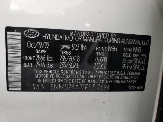 5NMS24AJ7PH517694 - 2023 HYUNDAI SANTA FE SEL WHITE photo 13