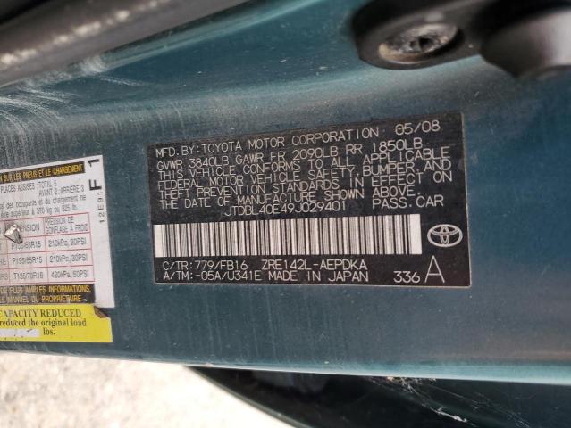 JTDBL40E49J029401 - 2009 TOYOTA COROLLA BASE TEAL photo 10