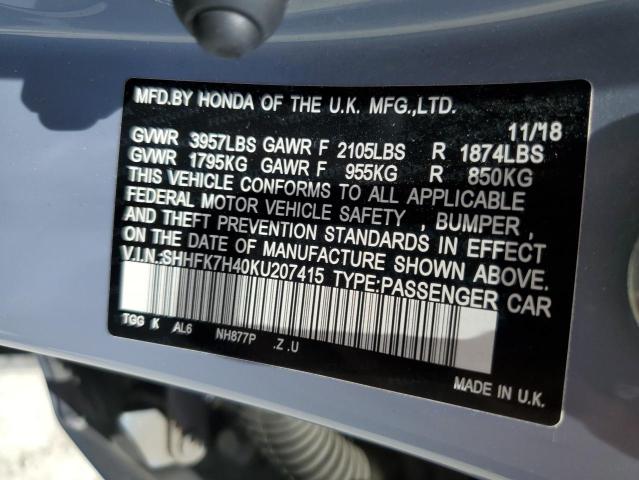 SHHFK7H40KU207415 - 2019 HONDA CIVIC SPORT 灰色 照片 13