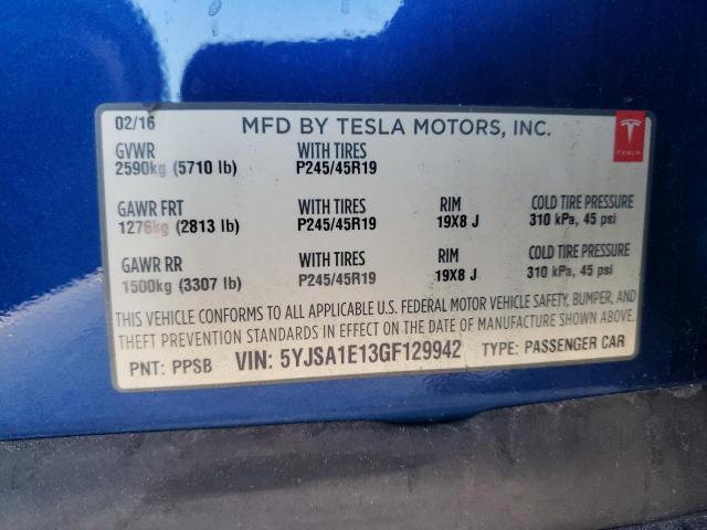 5YJSA1E13GF129942 - 2016 TESLA MODEL S ლურჯი ფოტო 12