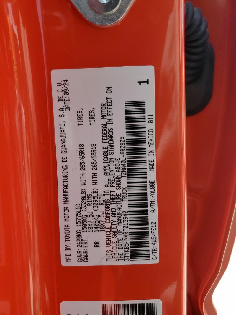 3TYKB5FNXRT013940 - 2024 TOYOTA TACOMA DOUBLE CAB 橙色 照片 12