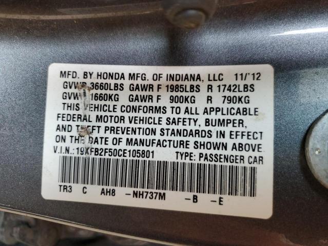 19XFB2F50CE105801 - 2012 HONDA CIVIC LX GRAY photo 12