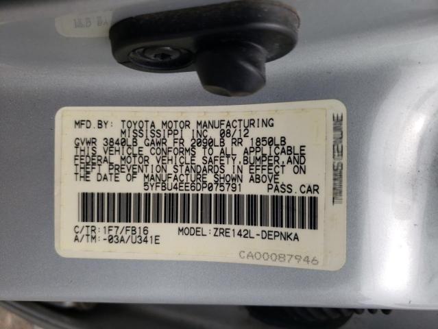 5YFBU4EE6DP075791 - 2013 TOYOTA COROLLA LE BASE SILVER photo 12