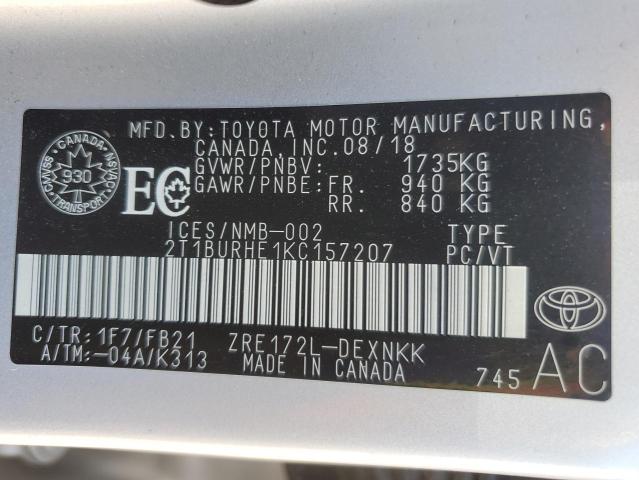 2T1BURHE1KC157207 - 2019 TOYOTA COROLLA L SILVER photo 13